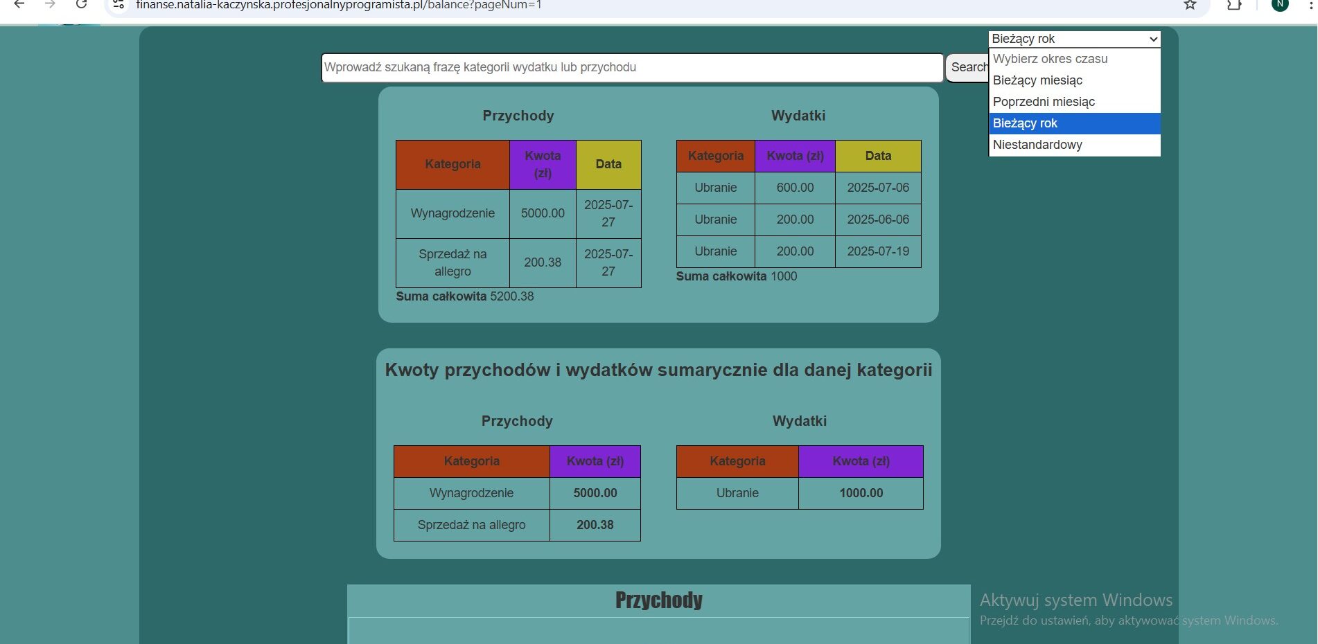 bilans tabelki i wybór okresu czasudodawanie wydatku w apce budżetowej w PHP, JS, CSS