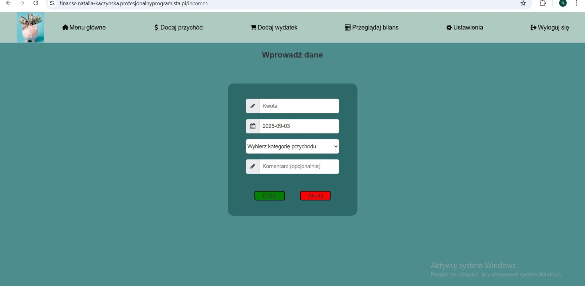 dodawanie przychodu w apce budżetowej w PHP, JS, CSS