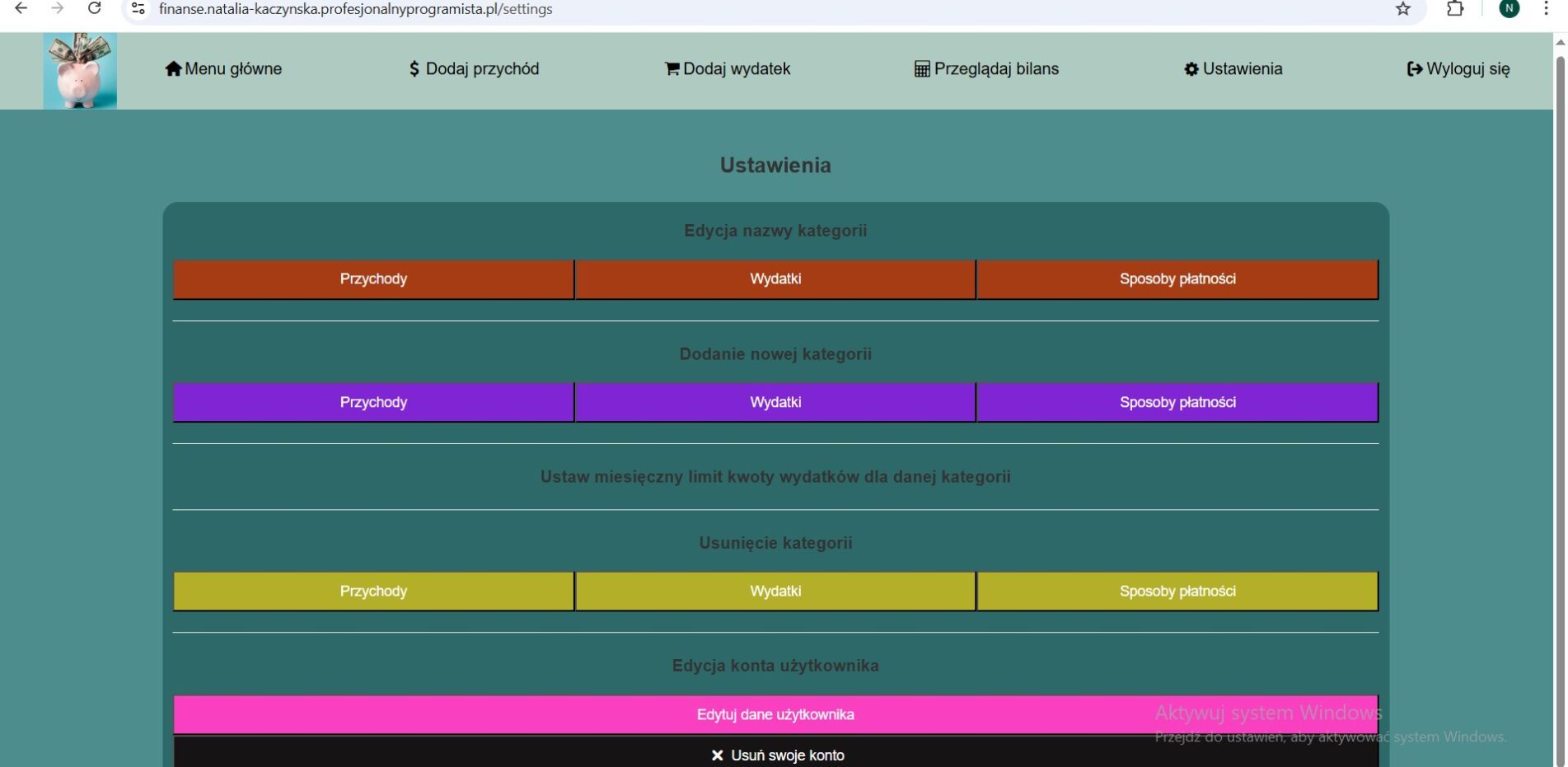 ustawienia w apce budżetowej w PHP, JS, CSS