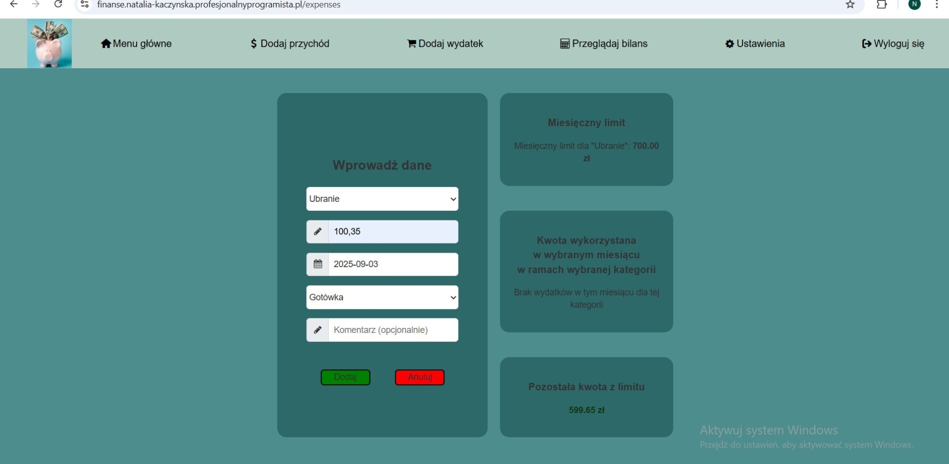 dodawanie wydatku w apce budżetowej w PHP, JS, CSS