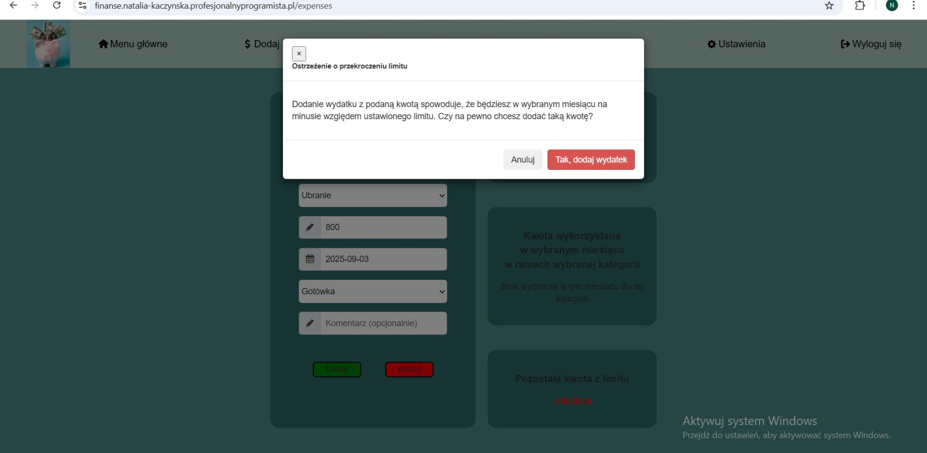 dodawanie wydatku z próbą przekroczenia limitu w apce budżetowej w PHP, JS, CSS